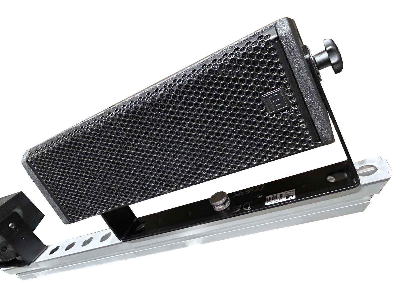 Side view of speaker bracket mounted to exhibit frame