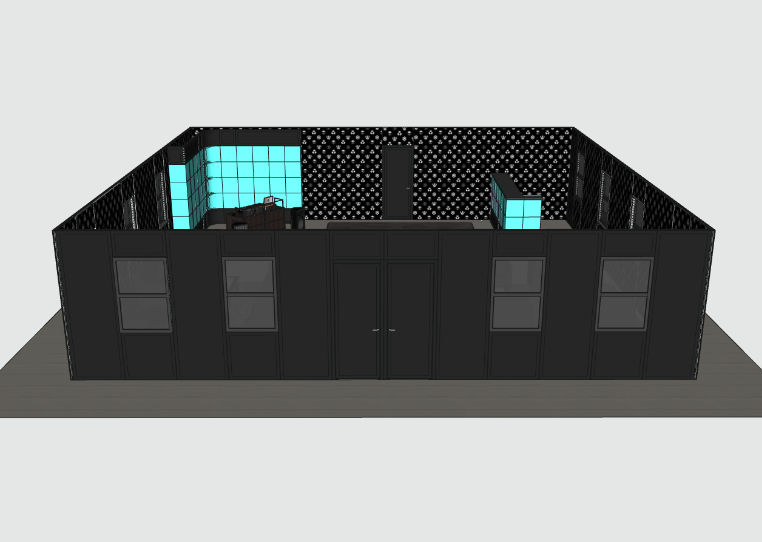 Front elevation of modular lounge exhibit wall system