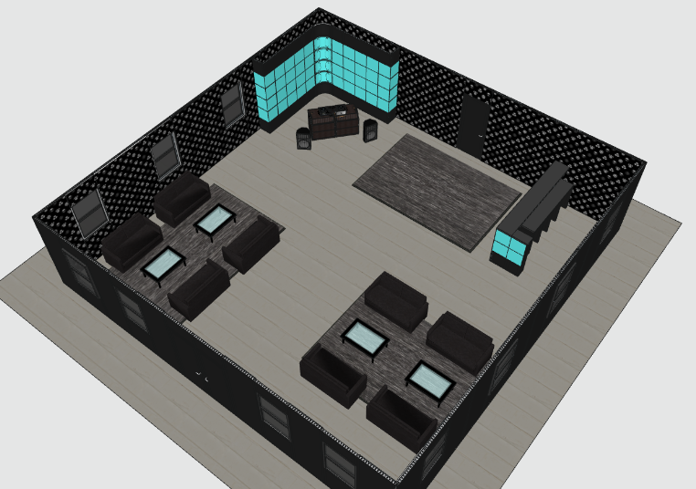 Isometric rendering of a 40x40 modular lounge exhibit with illuminated walls