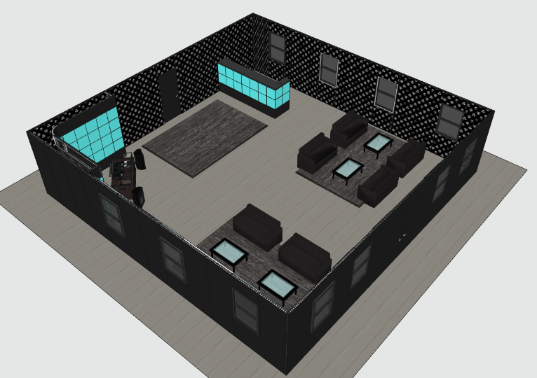 Alternate isometric view of modular lounge exhibit