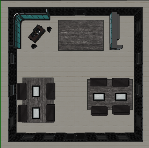 Top-down view of 40x40 modular lounge exhibit layout